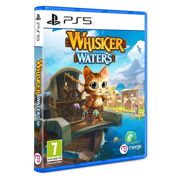 Whisker Waters for PS5 features a colorful cover with a cartoon cat on a dock, surrounded by a vibrant landscape of water and buildings, all in a blue case.