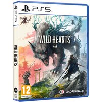 PS5 game "Wild Hearts" by EA, featuring a warrior facing a giant wolf in a mystical landscape on the cover.