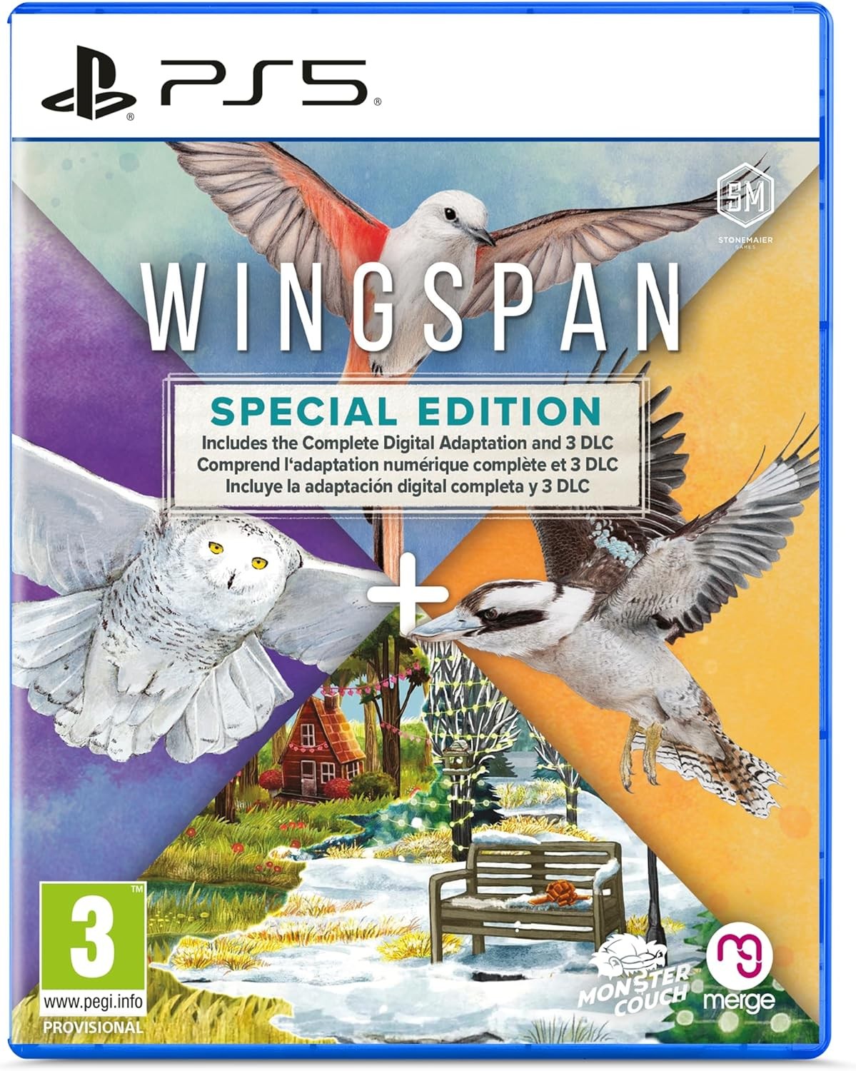 Wingspan Special Edition for PS5 features a colorful cover with birds, including an owl and a woodpecker, and highlights digital content and DLC on a blue case.