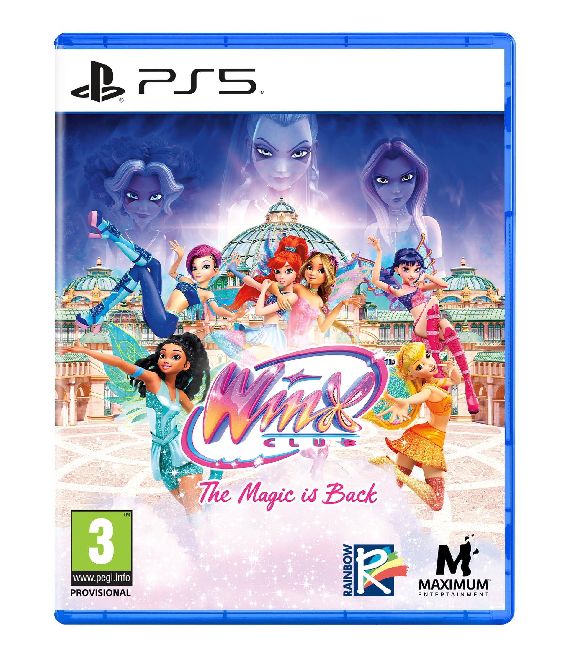 PlayStation 5 game case for "Winx Club: The Magic Is Back," featuring colorful animated characters, a vibrant logo, and a mystical background with a castle.
