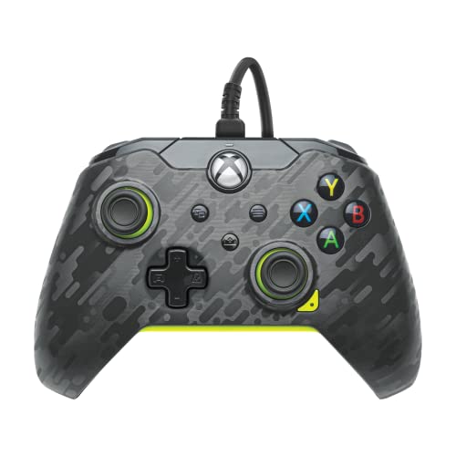 Wired PDP controller in electric carbon design, featuring a textured gray camo pattern, black buttons, and vibrant green accents, compatible with Xbox and Windows 10/11.