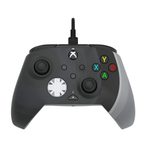 Wired Xbox Series X controller in black with a radial design, featuring textured grips, dual thumbsticks, a D-pad, and colorful action buttons (A, B, X, Y).