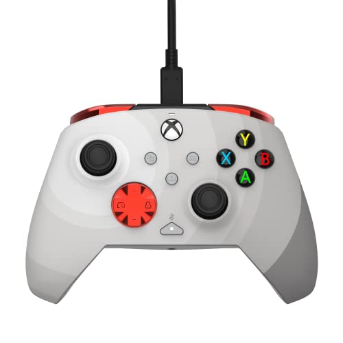Wired Xbox Series X controller in Radial White, featuring a sleek design, red accents, black buttons, and a textured grip for enhanced gameplay.