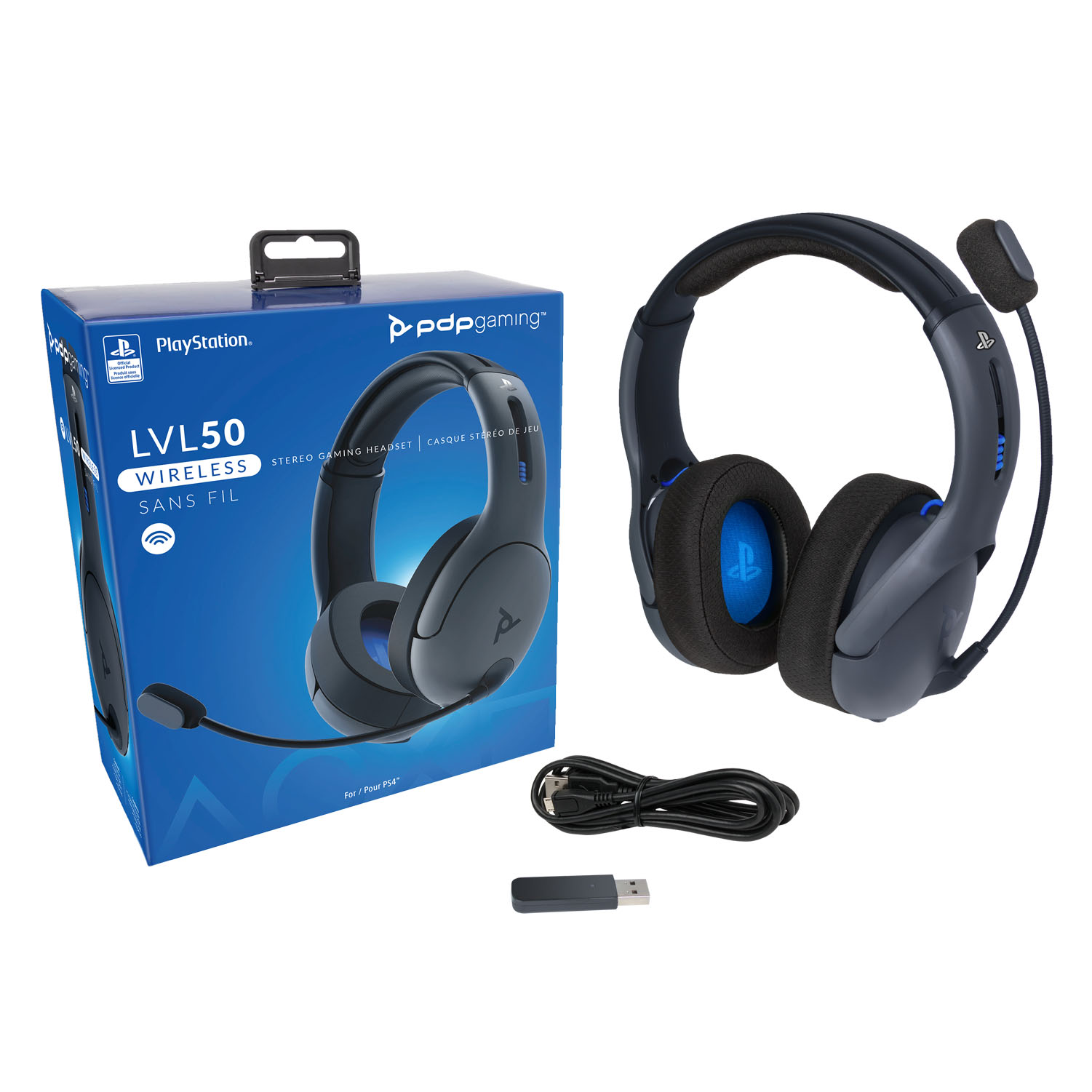 Wireless LVL 50 headset in black and blue with plush ear cushions, adjustable headband, USB wireless adapter, and packaging featuring PlayStation branding.