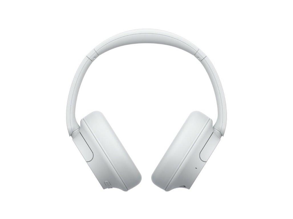 White Sony WH-CH720 headset features a sleek headband design, cushioned ear cups, and buttons for calls and music, supporting both wired and wireless connections via USB Type-C and Bluetooth.