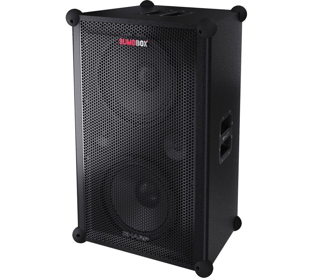 Portable black Bluetooth speaker with a sturdy design, featuring a mesh grille, rounded corners, and handles for easy transport, labeled "SUMOBOX" and "SHARP."