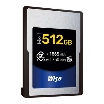Wise Advanced CFX4-A512M2 CFexpress memory card featuring a sleek silver and black design, with a capacity of 512GB and read/write speeds of 1865MB/s and 1750MB/s.