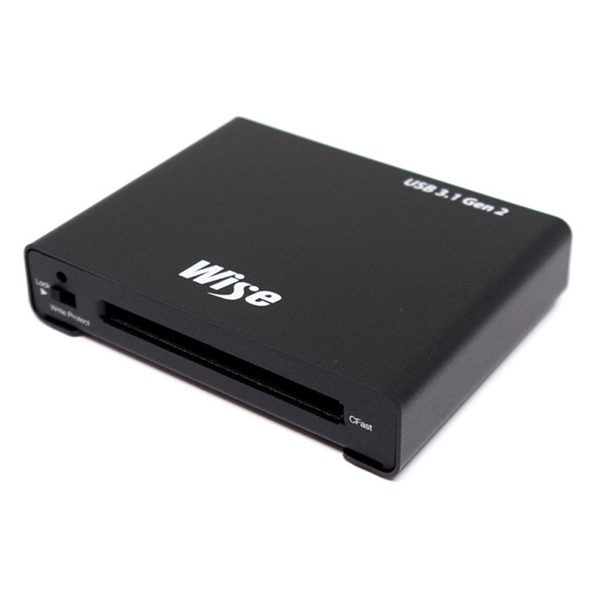 Compact black card reader with USB 3.1 Gen 2 connectivity, featuring slots for CF and SD cards, and a sleek, minimalist design with the "Wise" logo prominently displayed.