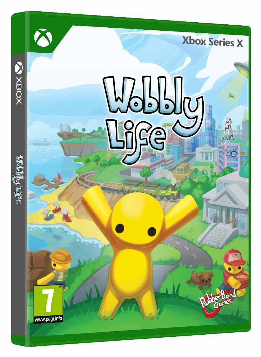 Green Xbox Series X game case featuring "Wobbly Life" title, colorful cartoonish graphics of characters and a vibrant landscape, with a yellow character prominently displayed.
