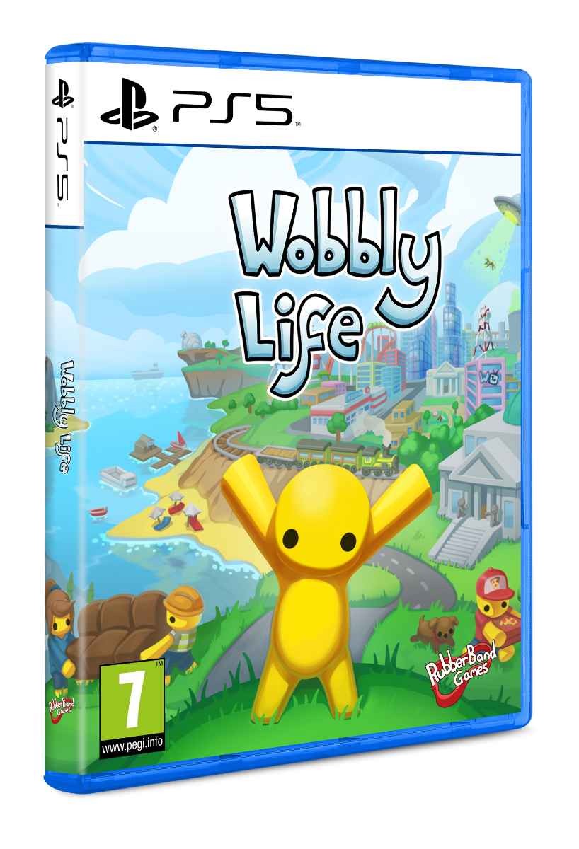 Wobbly Life game cover for PS5 featuring a cheerful yellow character with outstretched arms, colorful landscapes, and cartoonish buildings in the background.