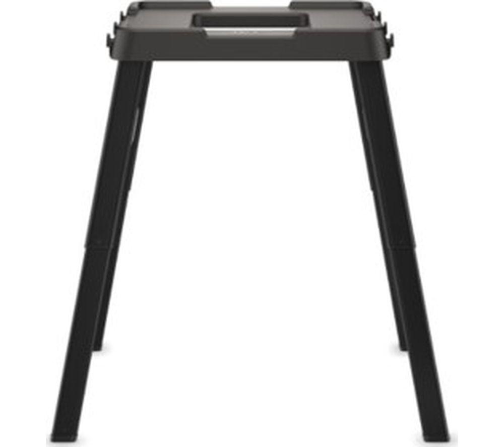 Black adjustable stand and side table with a sturdy design, featuring a flat top surface and four legs for stability, ideal for outdoor cooking or grilling setups.