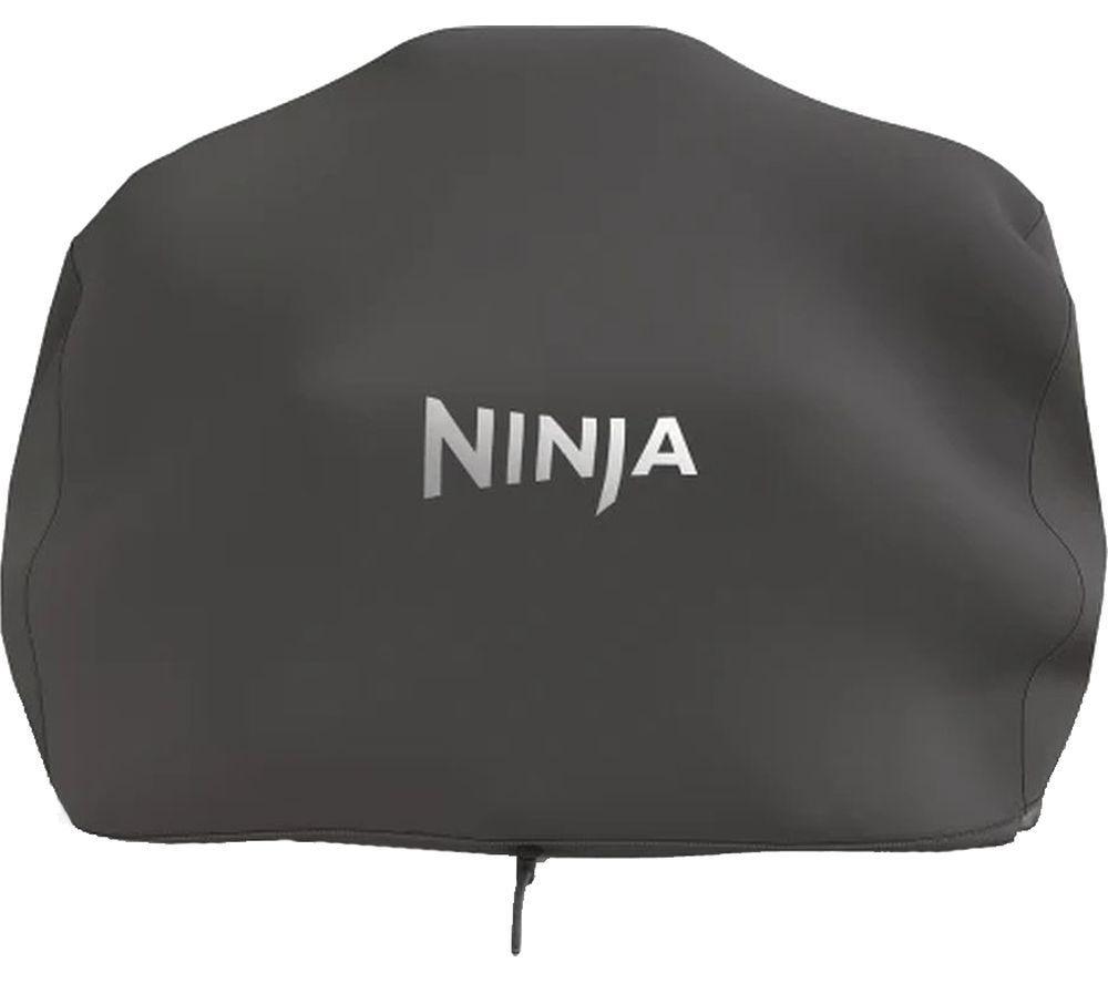 Black grill cover made of durable material, featuring the "Ninja" logo prominently displayed in silver on the front, designed for the Woodfire XL model.