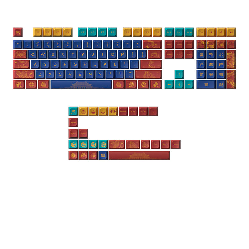 Vibrant 135-key keycap set featuring a mix of blue, red, and gold colors with intricate Beijing-themed designs and symbols, crafted from durable plastic for mechanical keyboards.