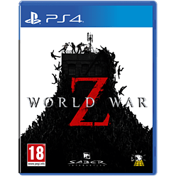 World War Z game for PS4, featuring a striking cover with a dark, chaotic scene of zombies and a bold red "Z" against a black background, rated 18+.