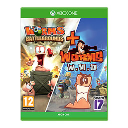 Green Xbox One game case featuring "Worms Battlegrounds" and "Worms WMD" titles, with colorful cartoon worms and action scenes on the cover, rated 12+.