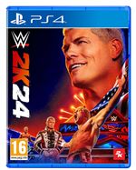 WWE 2K24 for PlayStation 4 features a vibrant blue case with a prominent image of a wrestler, bold title text, and a 16+ age rating in the corner.