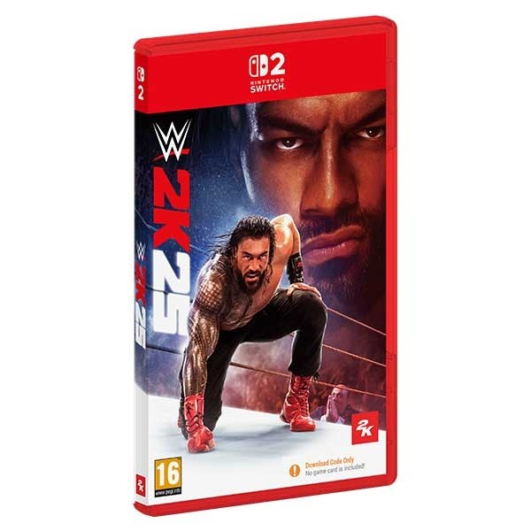 WWE 2K25 for Switch 2 features a vibrant red case with a striking cover image of a muscular wrestler, showcasing intense facial expressions and bold graphics.