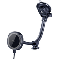 Wye 15W black wireless car charger with adjustable long arm, suction cup base, and sleek circular charging pad.