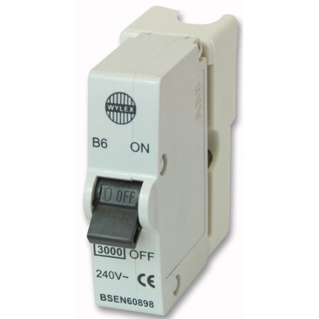 Wylex Retro Fit 6A plug-in MCB circuit breaker in white plastic, featuring a black toggle switch labeled "ON" and "OFF," with a circular logo and safety certification markings.