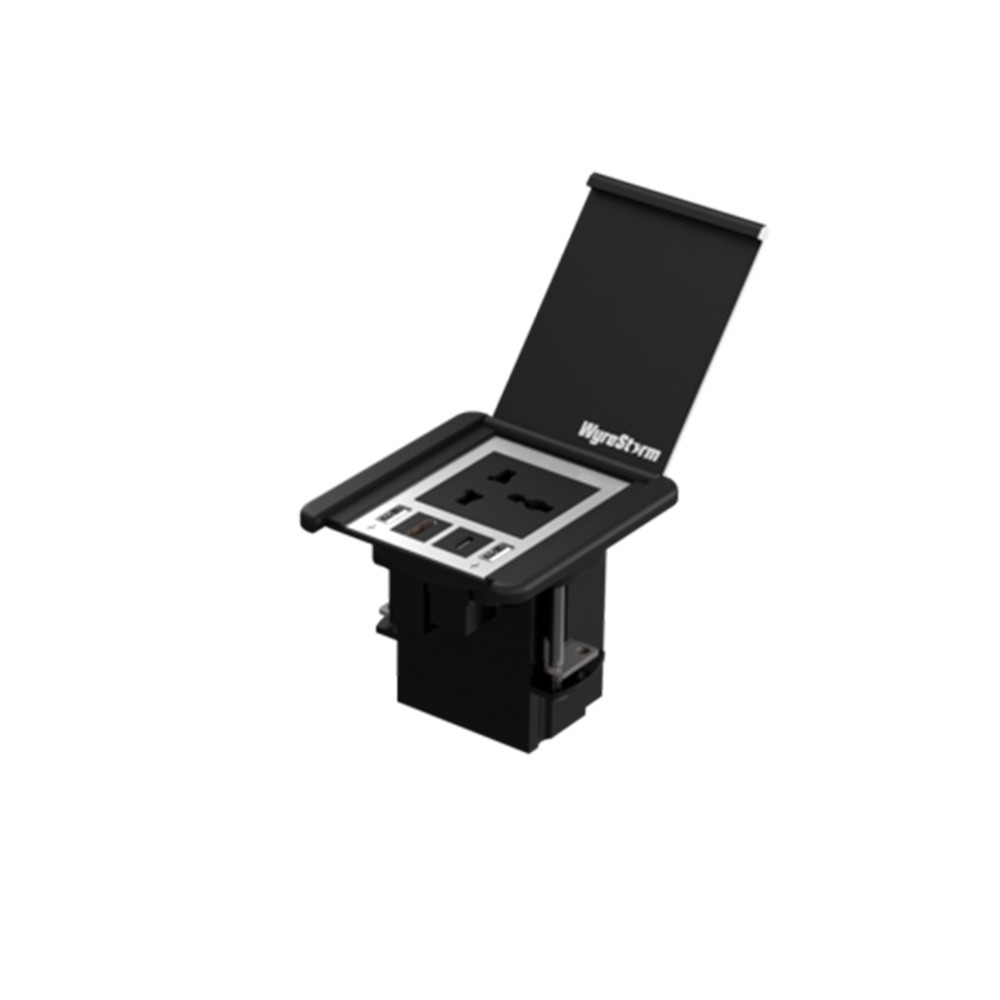 Compact black in-desk box featuring a flip-top lid, HDMI port, USB-C, and USB charging ports, designed for easy access and neat cable management.