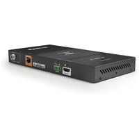 Black WyreStorm NHD-400-E-RX video decoder with HDMI, Ethernet ports, and vented sides, supports 3840 x 2160 pixels.
