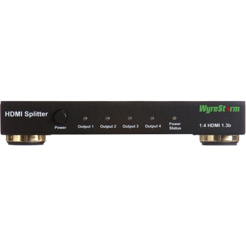 WyreStorm SP-0104-H2 HDMI video splitter in black metal, featuring four HDMI output ports, power button, and indicator lights for each output.