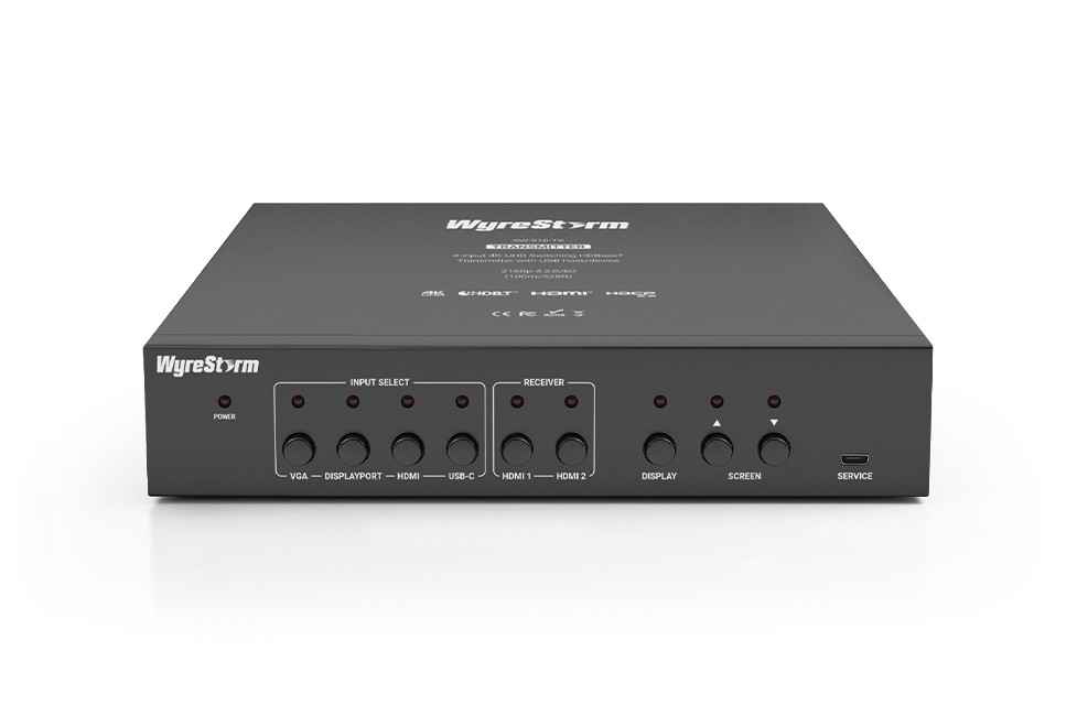 WyreStorm SW-510-TX AV Extender in black, featuring multiple input ports, buttons for input selection, and LED indicators for power and status.