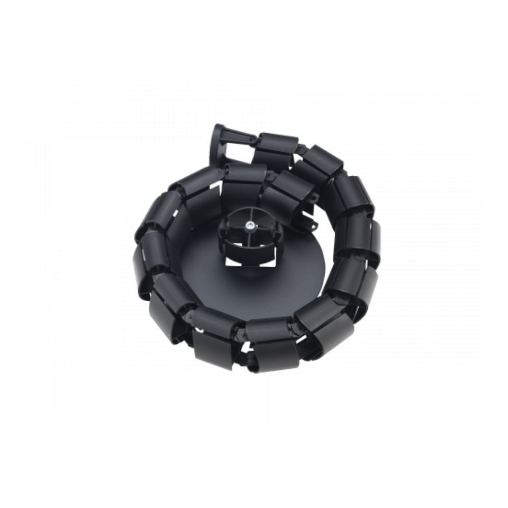 Black plastic cable management spine with a circular base, featuring flexible links designed to organize and conceal cables under a desk for a tidy appearance.