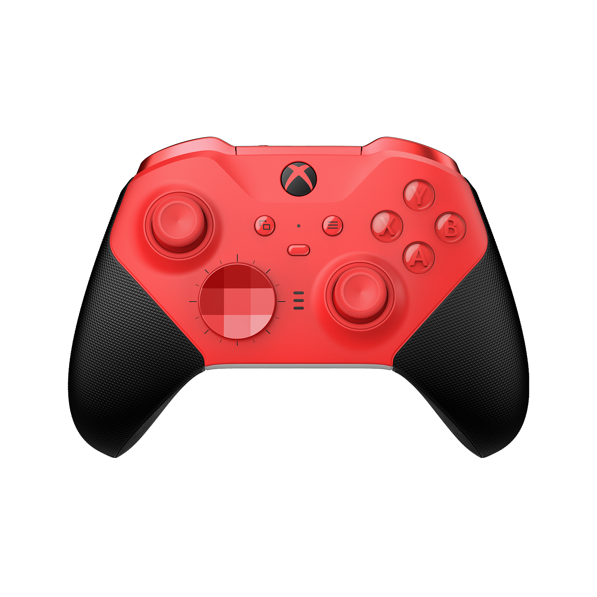 Red Xbox Elite Controller Series 2 with textured black grips, featuring thumbsticks, D-pad, and face buttons in contrasting colors, designed for enhanced gaming performance.