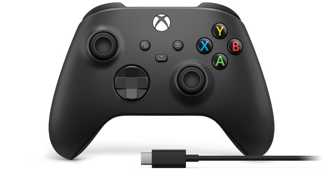 Black Xbox PC Controller featuring textured grips, thumbsticks, and colored action buttons (A, B, X, Y), with a USB-C cable attached for connectivity.