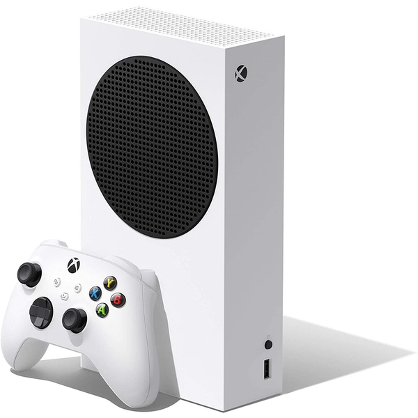 White Xbox Series S console with a circular black vent, vertical design, and a white controller featuring colored buttons and a USB port on the side.