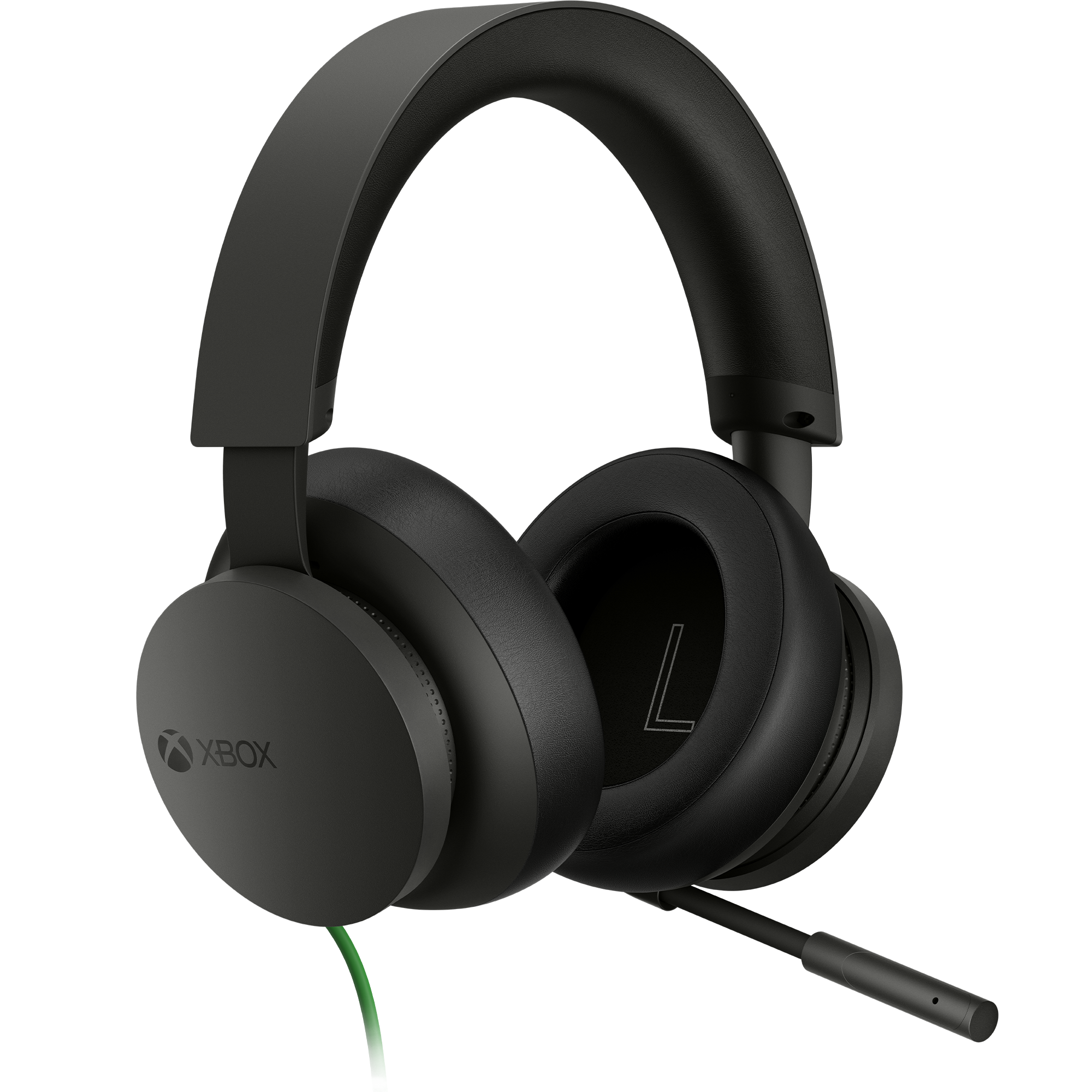 Black Xbox Stereo Headset featuring plush ear cushions, adjustable headband, and a flexible microphone, with green accents and the Xbox logo on the ear cup.