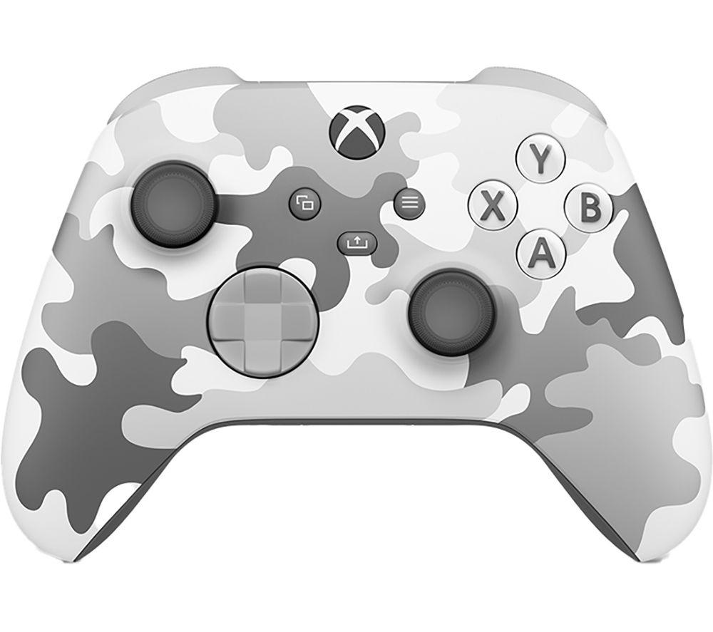Xbox Wireless Controller in Arctic Camo SE design, featuring a white and gray camouflage pattern, textured grips, and standard button layout for Xbox Series X.