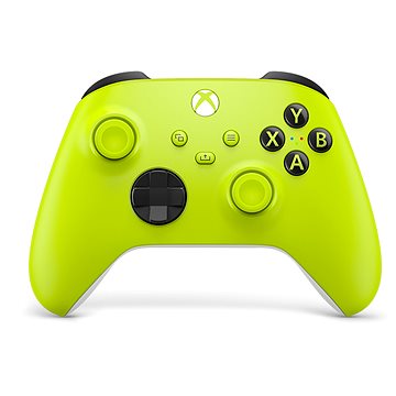 Bright electric volt green Xbox Wireless Controller with black accents, featuring textured grips, standard button layout, and Xbox logo prominently displayed.