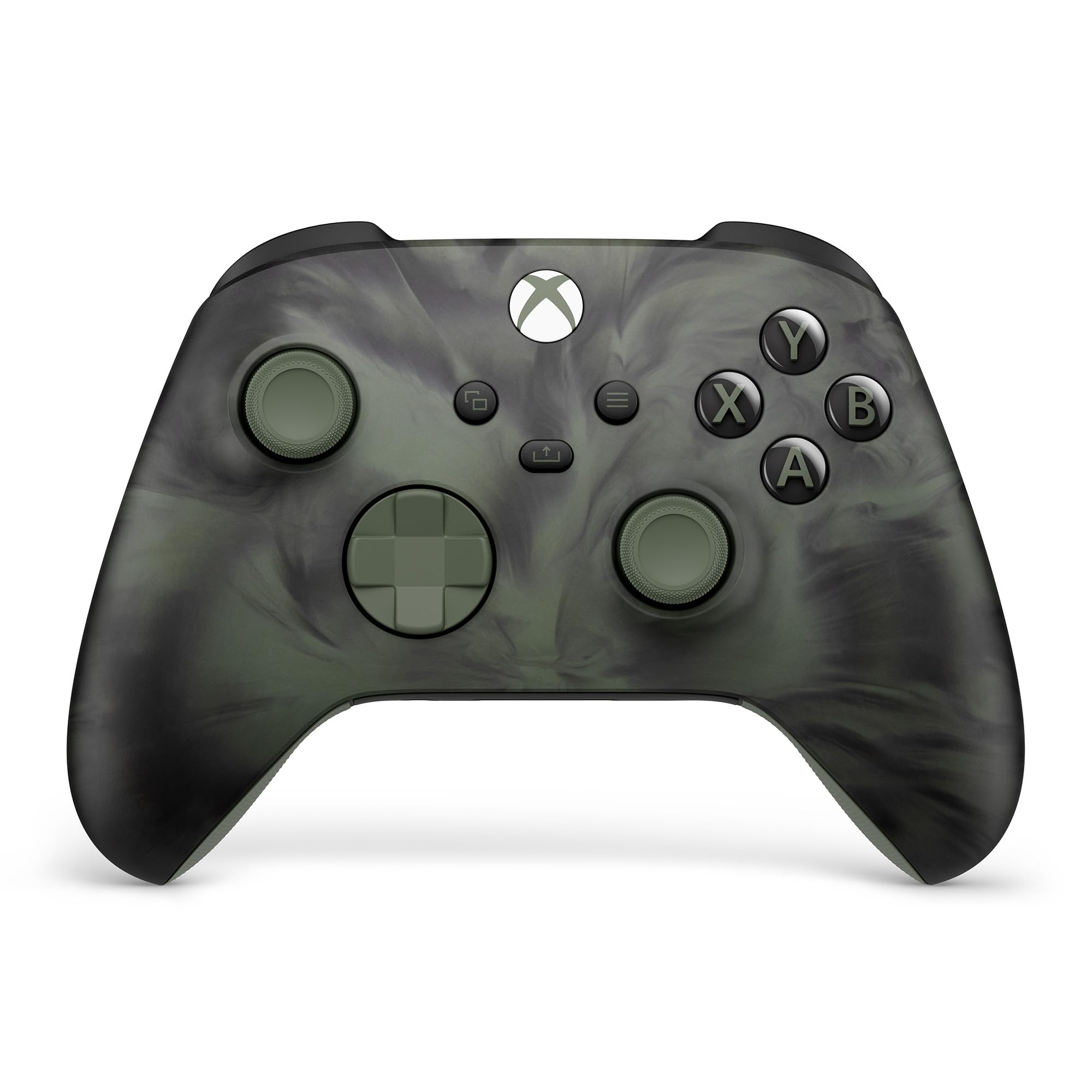 Xbox Wireless Controller in Nocturnal Vapour design, featuring a swirling dark green and black pattern, textured grips, and standard button layout for Xbox Series X.