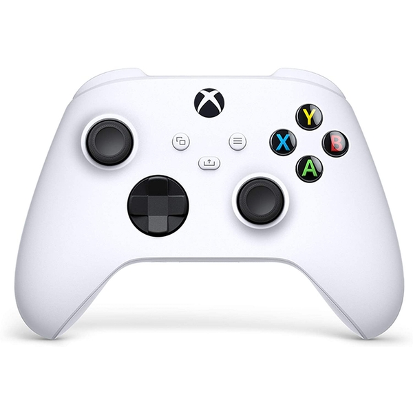 White Microsoft Xbox Wireless Controller featuring analogue and digital controls, with colored action buttons (A, B, X, Y) and textured grips for enhanced gameplay.