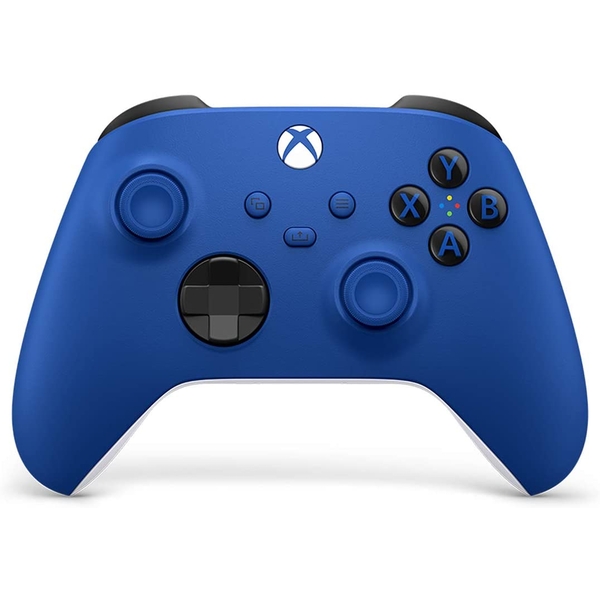 Shock Blue V2 Xbox Wireless Controller features a vibrant blue finish, textured grips, black thumbsticks, and classic button layout with colored A, B, X, Y buttons.