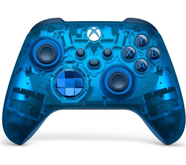 Translucent blue Xbox Wireless Controller Sky Cipher SE featuring textured grips, asymmetrical thumbsticks, and Xbox buttons, designed for Xbox Series X.