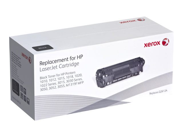 Black toner cartridge in a white box with red and black Xerox branding, labeled as a replacement for HP LaserJet printers, featuring the model number Q2612A.
