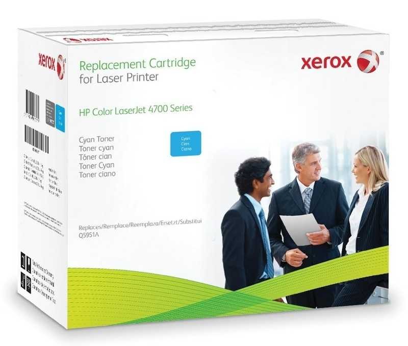 Cyan toner cartridge box for laser printers, featuring the Xerox logo, labeled for HP Color LaserJet 4700 Series, with a capacity of 10,000 pages at 5% coverage.