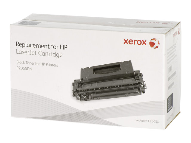 Black laser toner cartridge in a white box with red and black Xerox branding, labeled as a replacement for HP CE505X, featuring a clear image of the cartridge on the front.