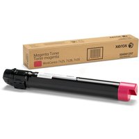 Black Xerox toner cartridge with magenta cap, compatible with WC 7425, next to brown packaging box.