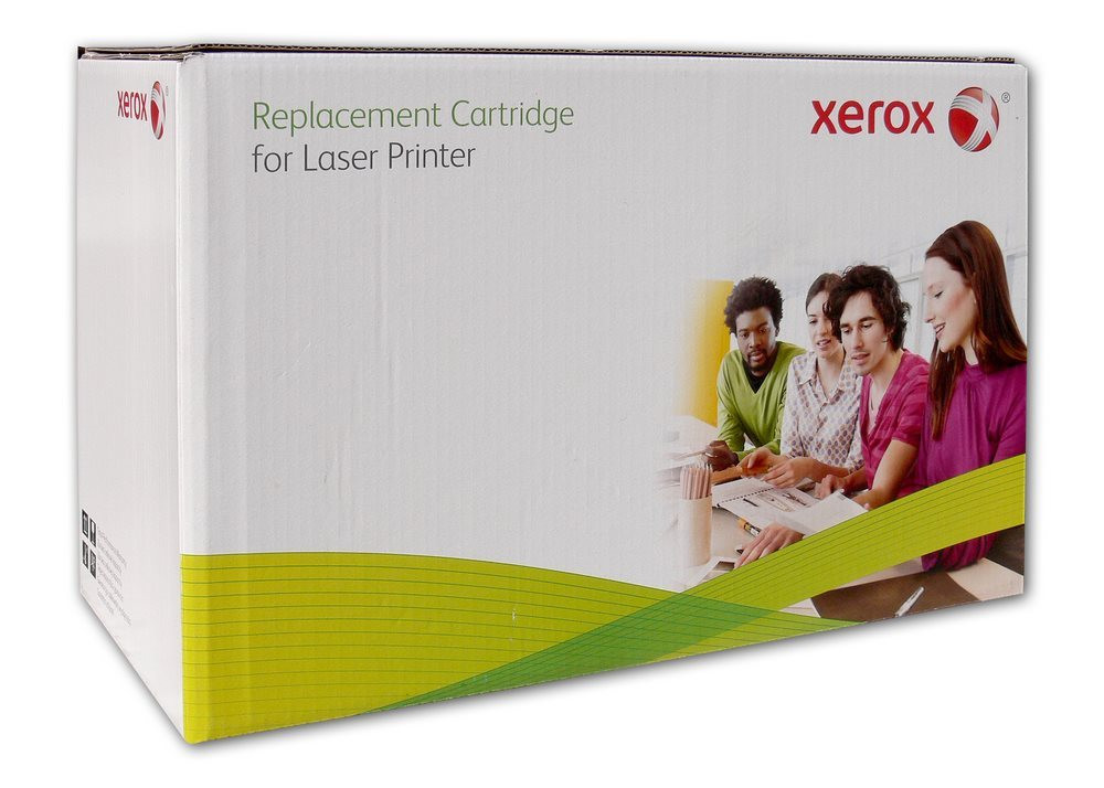 Black toner cartridge box with "Xerox" branding, labeled as a replacement cartridge for laser printers, featuring a colorful image of four people working together.