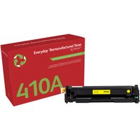 Yellow Xerox toner cartridge with black casing, next to red box labeled "410A" and recycling symbol.