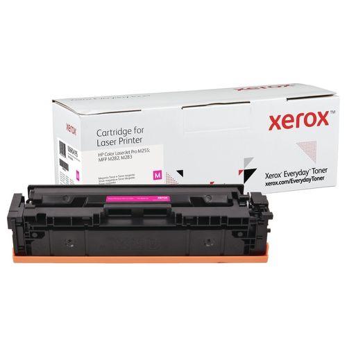 Magenta toner cartridge with a black body and orange base, labeled "Xerox" and "006R04195," alongside a white box featuring the Xerox logo and product details.