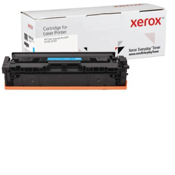 Cyan toner cartridge by Xerox, designed for HP 216A and HP W2411A, featuring a black plastic body with a blue label, packaged in a white box with the Xerox logo.
