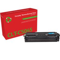Red Xerox toner box with green recycling symbol, black toner cartridge labeled CLT-C504S, cyan color indicator.