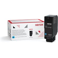 Xerox cyan toner kit with black cartridge and white box featuring geometric design and red Xerox logo.