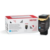 Xerox cyan toner cartridge with black casing and blue label, next to red and white packaging box.
