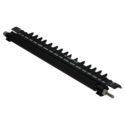 Black transfer roller with a textured surface and multiple ridges, featuring metal end connectors, designed for use in Xerox printers.